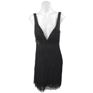 Marina Black Sequin Sleeveless Deep V-Neck Fringe Tank Sheath Mini Dress Size 10